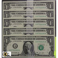 L) LOT OF 5 USA $1 DOLLAR BILL W/ CONS. SERIAL #'S