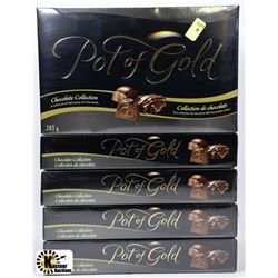 LOT OF 5 BOXES OF POT OF GOLD CHOCOLATES AS THEY