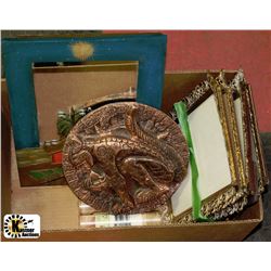BOX WITH VINTAGE FRAMES,AZTEC PLATE WALL HANGING,