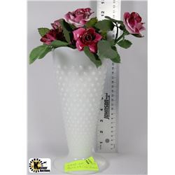 MILK GLASS HOBNAIL VASE AND BONE CHINA ROSES