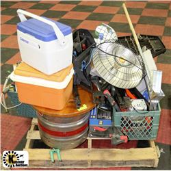 PALLET OF MISCELLANOUS ITEMS FLOOR HEATERS, COOLER