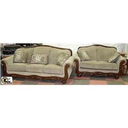 SAGE FABRIC WOOD TRIM SOFA AND LOVE SEAT