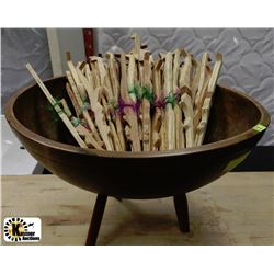 LARGE FOOTED WOOD BOWL  WITH WOOD ORNAMENTS