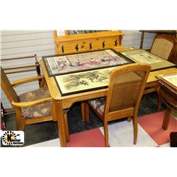WOOD TABLE WITH 4 WICKERBACK CHAIRS SOLD W/ HUTCH
