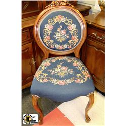 ESTATE WOOD CARVED NEEDLEPOINT CHAIR