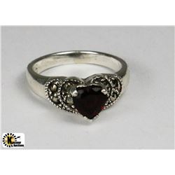 VINTAGE HEART-SHAPED GARNET .925 SILVER RING