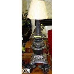 CERAMIC MINI STOVE LAMP 27"H  AND 2 COAL SCUTTLES
