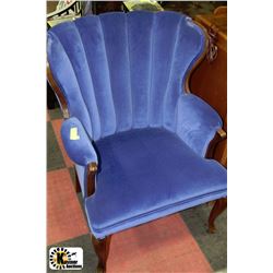 VINTAGE WOOD FABRIC BLUE WINGBACK PARLOR CHAIR