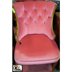 VINTAGE WOOD AND HOT PINK FABRIC PARLOR CHAIR