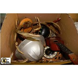 ESTATE BOX WITH ANTLERS, HARD HAT ETC
