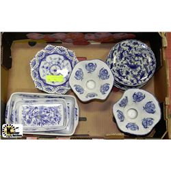 TRAY OF BLUE AND WHITE MATCHING DISHWARE