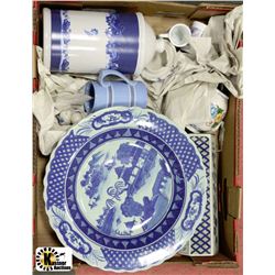 FLAT OF BLUE AND WHITE ESTATE ITEMS INCL. CAKE