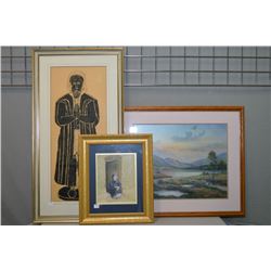 Three framed artworks including charcoal rubbing, Wendy Reeves highlands print and a figure in a doo