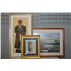 Image 1 : Three framed artworks including charcoal rubbing, Wendy Reeves highlands print and a figure in a doo