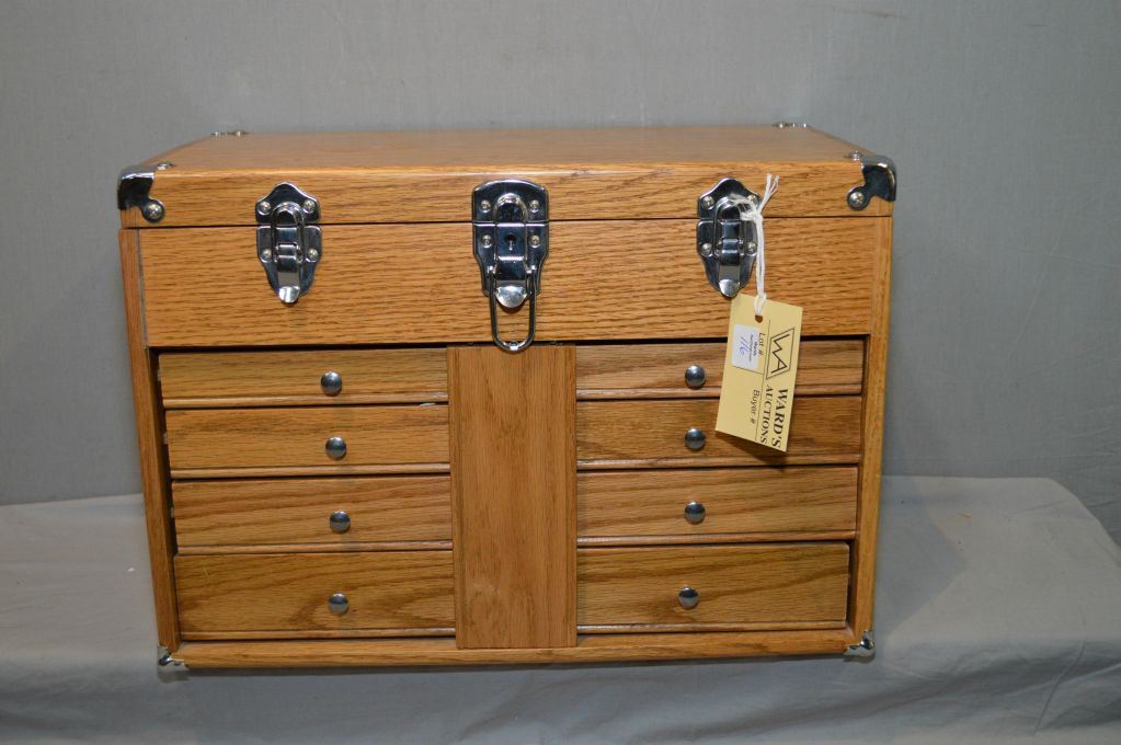 American Home oak six drawer tool and hobby chest with chrome