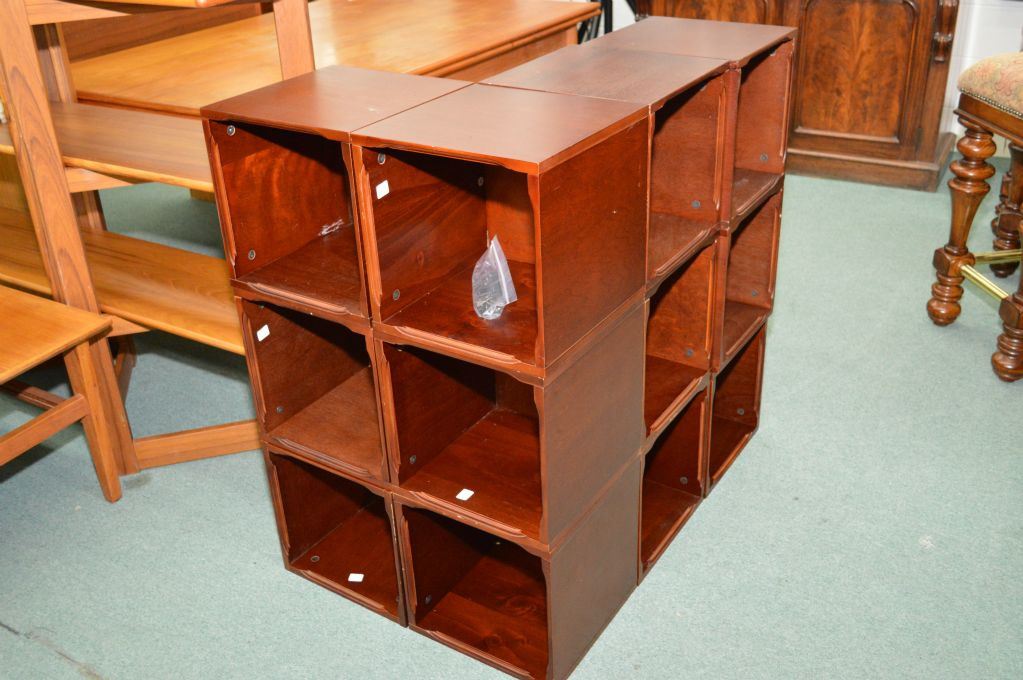 Modular cube shelving unit with a dozen 12" squares that can be