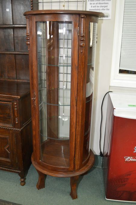 Four Panel Single Door Curved Glass And Oak Curio Cabinet With