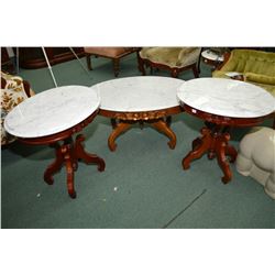 Mid 20th century Victorian reproduction coffee and two end tables with carved floral skirts, center 