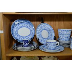Shelf lot of blue and white porcelain including Royal Crown Derby, Willow patterned tureen etc. note