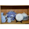 Image 2 : Shelf lot of blue and white porcelain including Royal Crown Derby, Willow patterned tureen etc. note