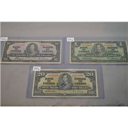 Selection of Bank of Canada 1937 bank notes including $20 bill, $10 and a $1 bill