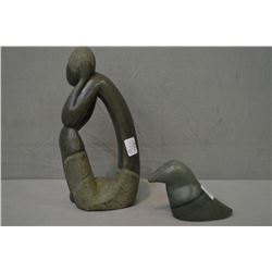 Two hand carved soapstones including signed and numbered bird, Baffin Island, N.W.T and stylized fig
