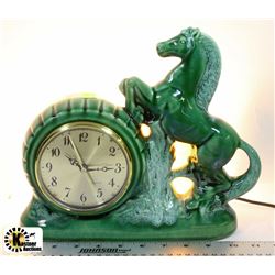 GREEN PORCELAIN HORSE CLOCK LAMP
