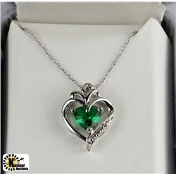 STERLING SILVER SIMULATED EMERALD HEART-SHAPED
