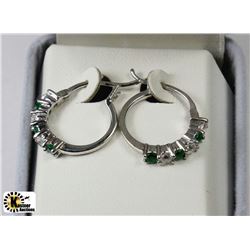 STERLING SILVER SIMULATED EMERALD HOOP EARRINGS
