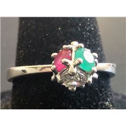 NATURAL RUBY, EMERALD & CZ 925 STAMPED SILVER RING