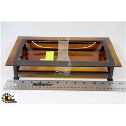 AMBER ART GLASS BUFFET TRAY W/ WROUGHT IRON STAND