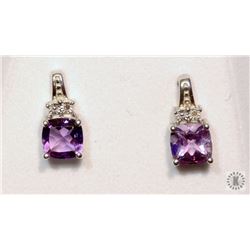 #46-STERLING SILVER AMETHYST & DIAMOND EARRINGS