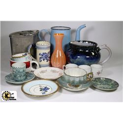 BOX WITH ENAMELWARE,VINTAGE VASES AND MORE