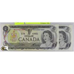 UNC 1973 ONE DOLLAR BANKNOTES CONSECUTIVE S/N X2