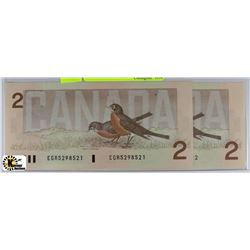 UNC 1986 $2 ROBIN BANKNOTES CONSECUTIVE S/N X2