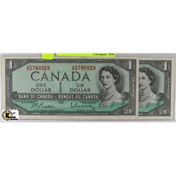 UNC 1954 1 DOLLAR BANKNOTES CONSECUTIVE S/N X2