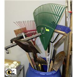 BUNDLES OF YARD TOOLS - LARGE RAKE, SHOVEL,RED
