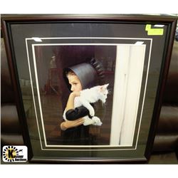 FRAMED MATTED PICTURE WITH GIRL AND KITTY