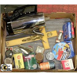 BOX OF COLLECTIBLE TINS, BOXES & CRUCIFIX