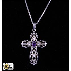 ITALY .925 SILVER FILIGREE AMETHYST CROSS & CHAIN