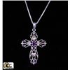 Image 1 : ITALY .925 SILVER FILIGREE AMETHYST CROSS & CHAIN