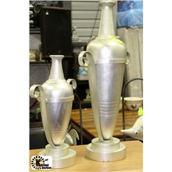 SET OF SILVER LEAF VASES ON METAL STANDS 26"