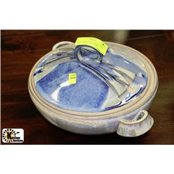 BLUE SWIRL AND EARTHY TONE HANDLED POTTERY DISH