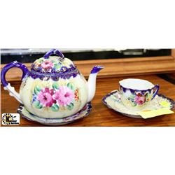 CIRCA 1910 COBALT BLUE TEAPOT, CUP AND 2 PLATES