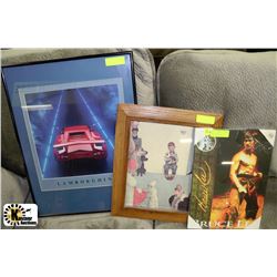 LOT OF 3 PICTURES INCLUDING FRAMED LAMBORGHINI