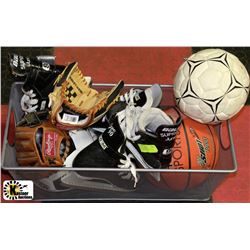 BASKET WITH ASSORTED SPORT EQUIPMENT INCL