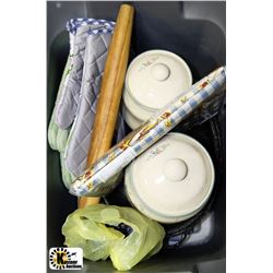 BIN WITH CANNISTER SET,NEW TABLE CLOTH,ROLLING