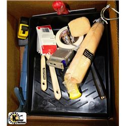 BOX OF PAINTING SUPPLIES INCL. STUD FINDER,