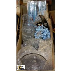 BOX W/2 CANDY DISHES, NEW CANDLES &