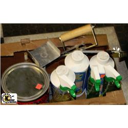 BOX WITH CLEANING SUPPLIES, PAINT ETC